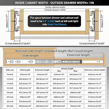 Duravel Soft Close Drawer Runners Cabinet Drawer Slides Heavy Duty 45kg Load Capacity Full Extension Ball Bearing Self Close Slides for Kitchen Cabinet,Bedstand Drawers,Side Mount(12 INCH)