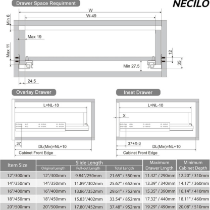 Push to Open Soft Close Undermount Drawer Slides, 12 14 16 18 20 Inch Full Extension Concealed Bottom Mount Rails with Locking Devices, 78 lb Load, 1 Pair for Kitchen & Cabinet
