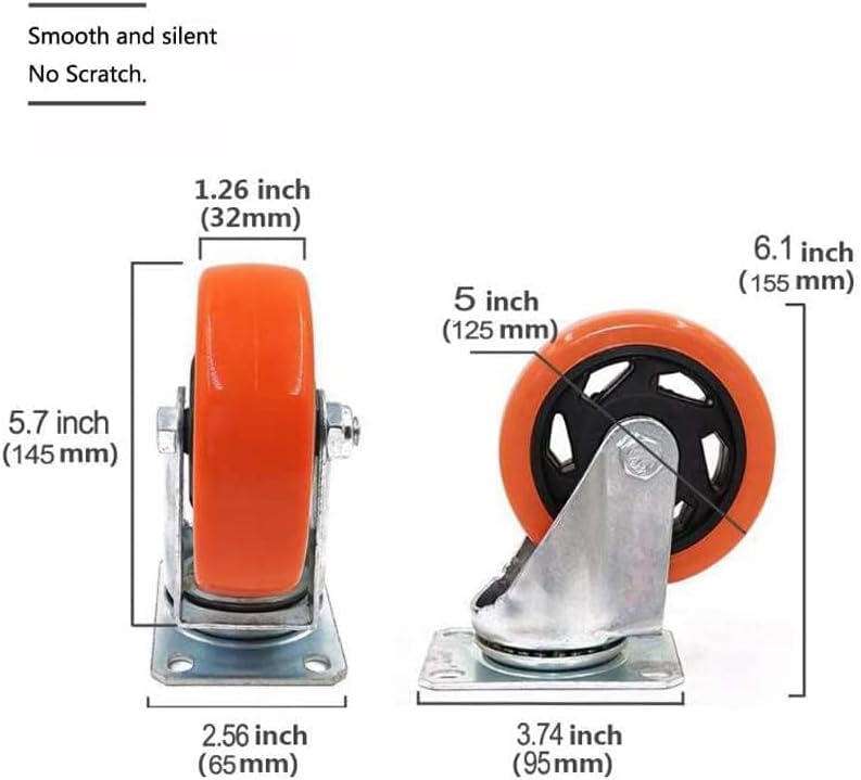Heavy Duty Furniture Castor Wheels with Brakes - 125mm Swivel Caster Wheels Bearing 900KG - Quiet Rubber Trolley Wheels for Hardwood, Tile, Carpet, Laminate, and More