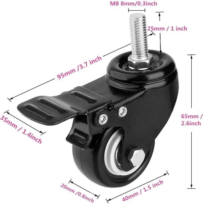 Duravel1.5 Inch Caster Wheels Heavy Duty Swivel Casters with Brakes,Replacement for Home Furniture,Office Table Cabinet with Pack of 4(2 Inch M8 Stem) (Black, 1.5 Inch)