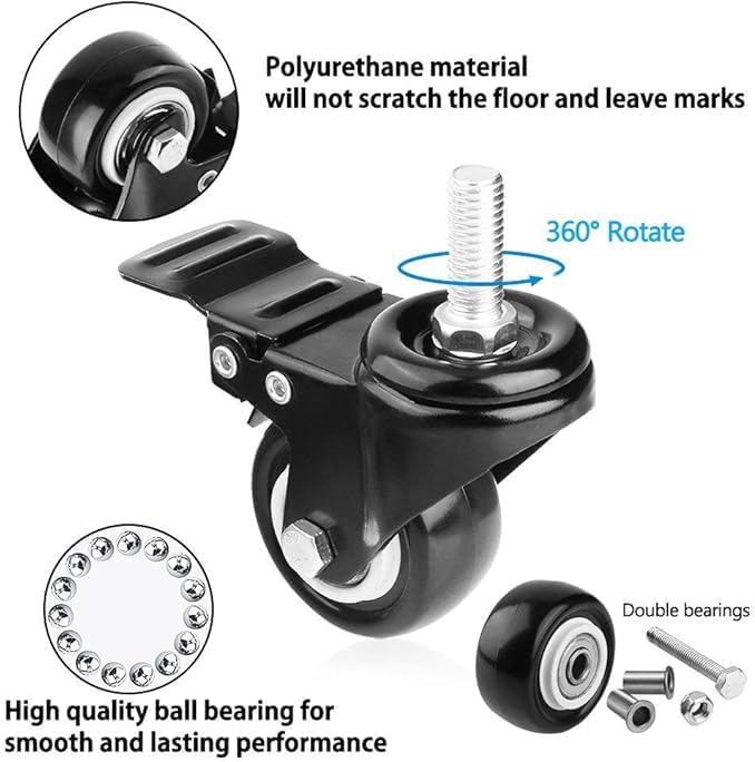 Duravel1.5 Inch Caster Wheels Heavy Duty Swivel Casters with Brakes,Replacement for Home Furniture,Office Table Cabinet with Pack of 4(2 Inch M8 Stem) (Black, 1.5 Inch)