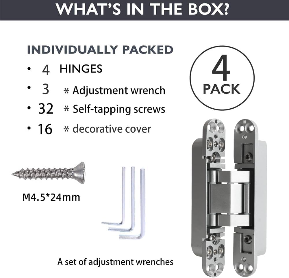 8-Pack 6 inch Hidden Door Hinges Heavy Duty Black, Invisible Concealed Hinges Zinc Alloy 6''x 2.5''x1Inch,180 Degree Swing Hinge, 3 Way Adjustable Hinge with Pins and Screws