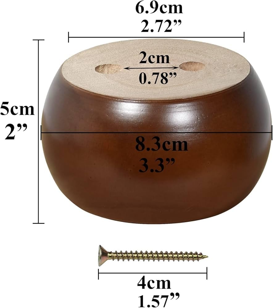 Round Wooden Sofa Legs, Walnut Brown, 2 Inch Height, Ball Shape, Set of 4 with Screws