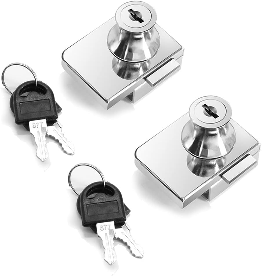 2 Pack Single Swing Glass Cabinet Showcase Door Lock Chrome Plated Display Glass Cabinet Lock Separate Keys (Silvery, Clamp 5-10 mm thick glass)