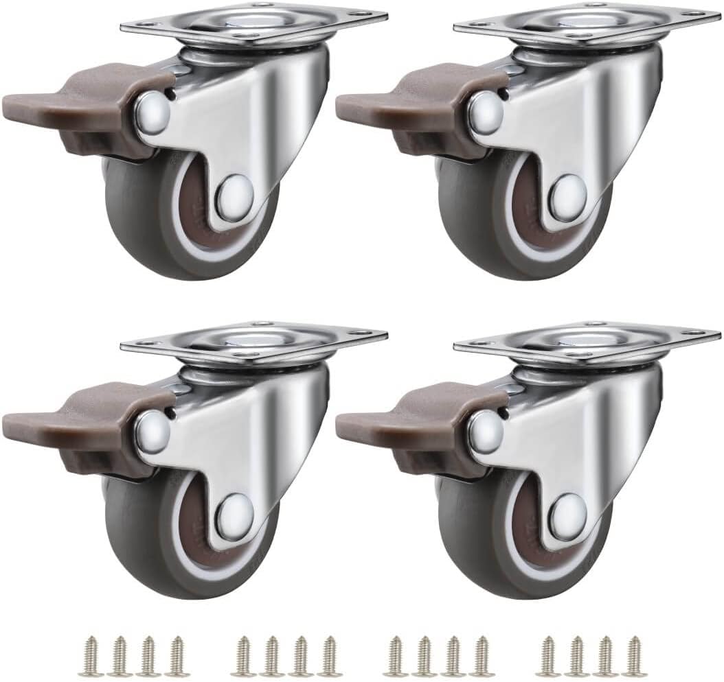 JGJC Caster Wheels for Furniture,1.5 Inch Swivel Plate Casters Set of 4,No Noise Soft Rubber Locking Castors Safe for Hardwood Floors and Carpet (with Brake,300 lbs for 4 Pack)