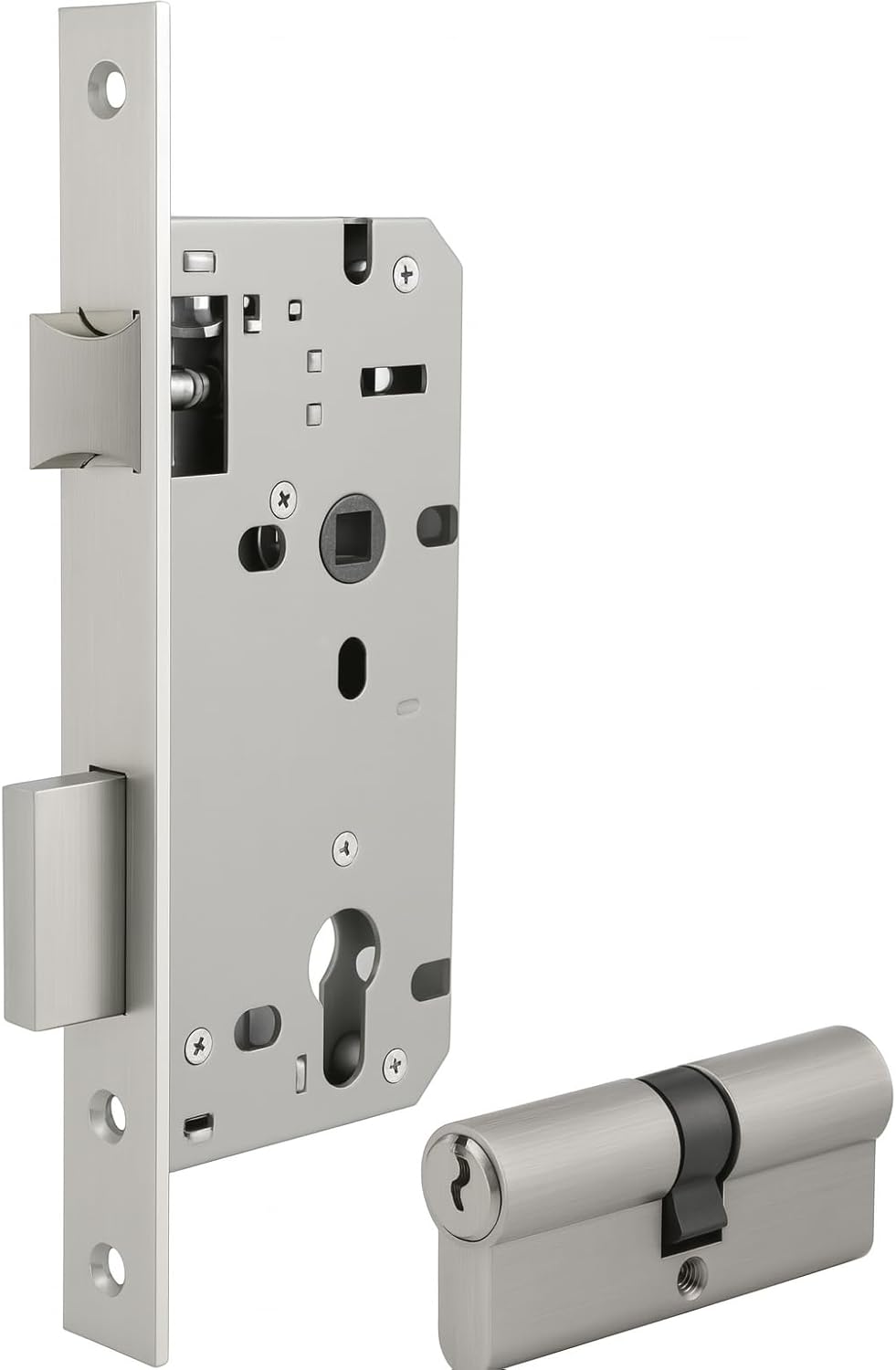 Modern Door Handle Set with Lock Cylinder, Anti-Rust Stainless Steel Door Handle Pair, Fits 85x45 Lock Body, Salt Spray Tested, 2-Year Color & 5-Year Mechanical Warranty (Full Set)