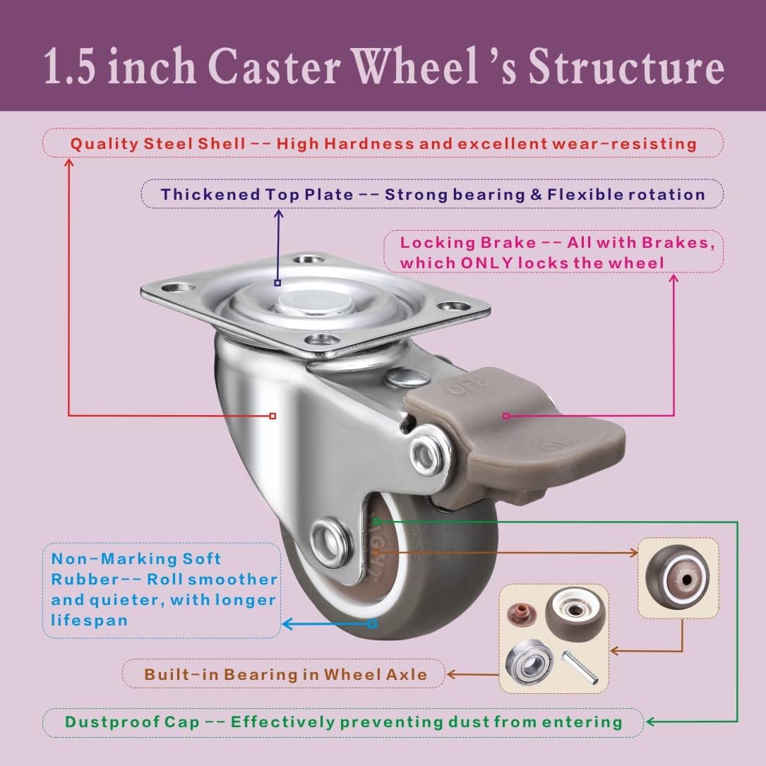 JGJC Caster Wheels for Furniture,1.5 Inch Swivel Plate Casters Set of 4,No Noise Soft Rubber Locking Castors Safe for Hardwood Floors and Carpet (with Brake,300 lbs for 4 Pack)