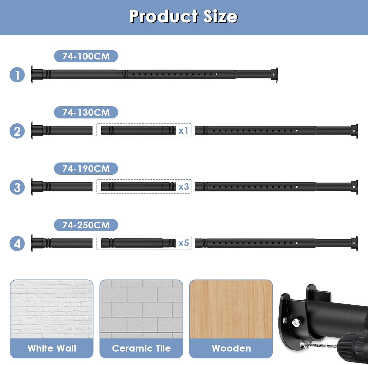 Black Wardrobe Pole, Extendable Heavy Duty Wardrobe rail 74-250cm, Round Clothes Hanging Pole with End Sockets & Screws for Wardrobe Cabinet Cupboard