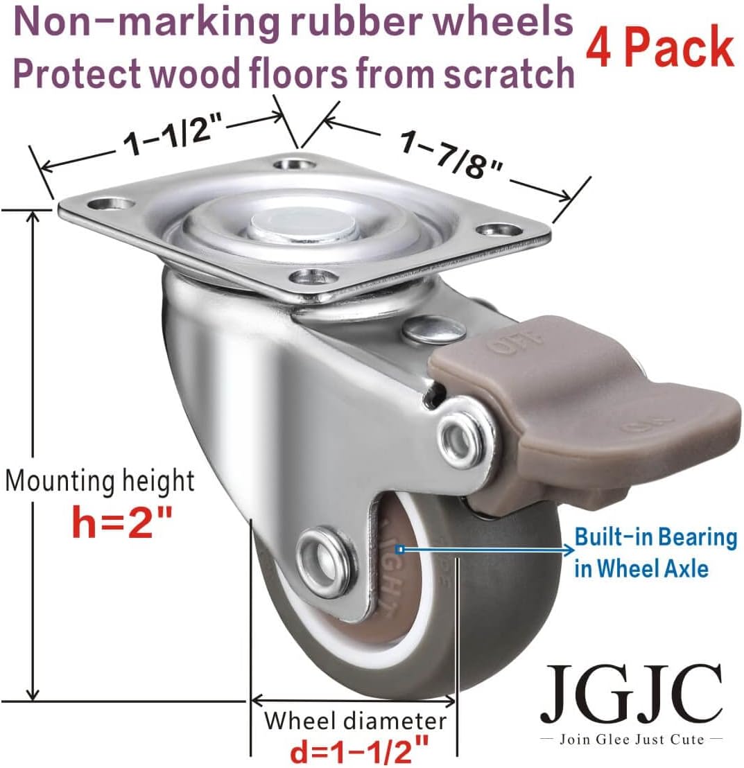 JGJC Caster Wheels for Furniture,1.5 Inch Swivel Plate Casters Set of 4,No Noise Soft Rubber Locking Castors Safe for Hardwood Floors and Carpet (with Brake,300 lbs for 4 Pack)