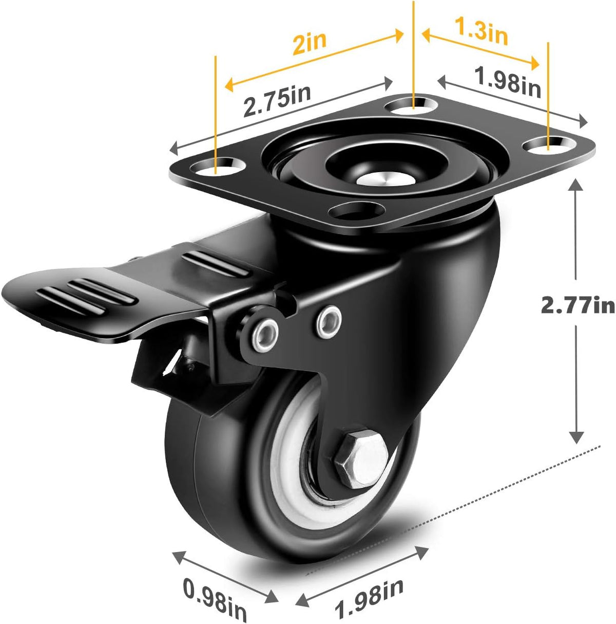 4 inch Heavy Duty Casters Load 2400lbs, Lockable Bearing Plate Caster Wheels with Brakes, 360-degree Swivel Casters for Furniture and Workbench Cart, Set of 4 (Free Screws and a Spanner)