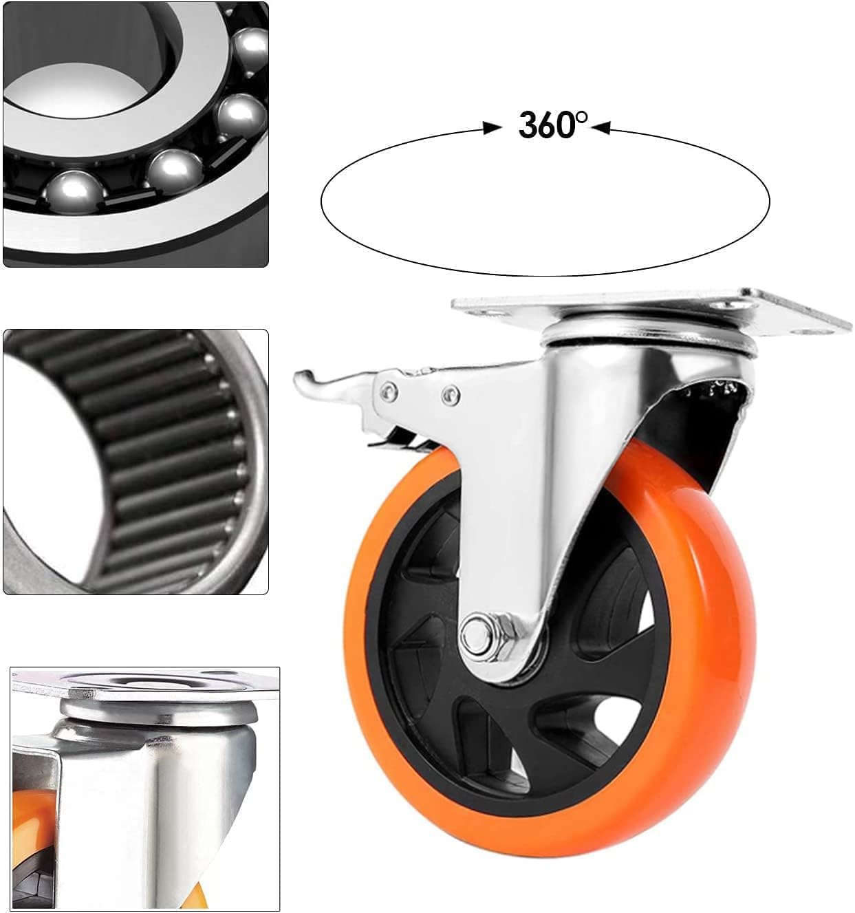 Heavy Duty Furniture Castor Wheels with Brakes - 125mm Swivel Caster Wheels Bearing 900KG - Quiet Rubber Trolley Wheels for Hardwood, Tile, Carpet, Laminate, and More