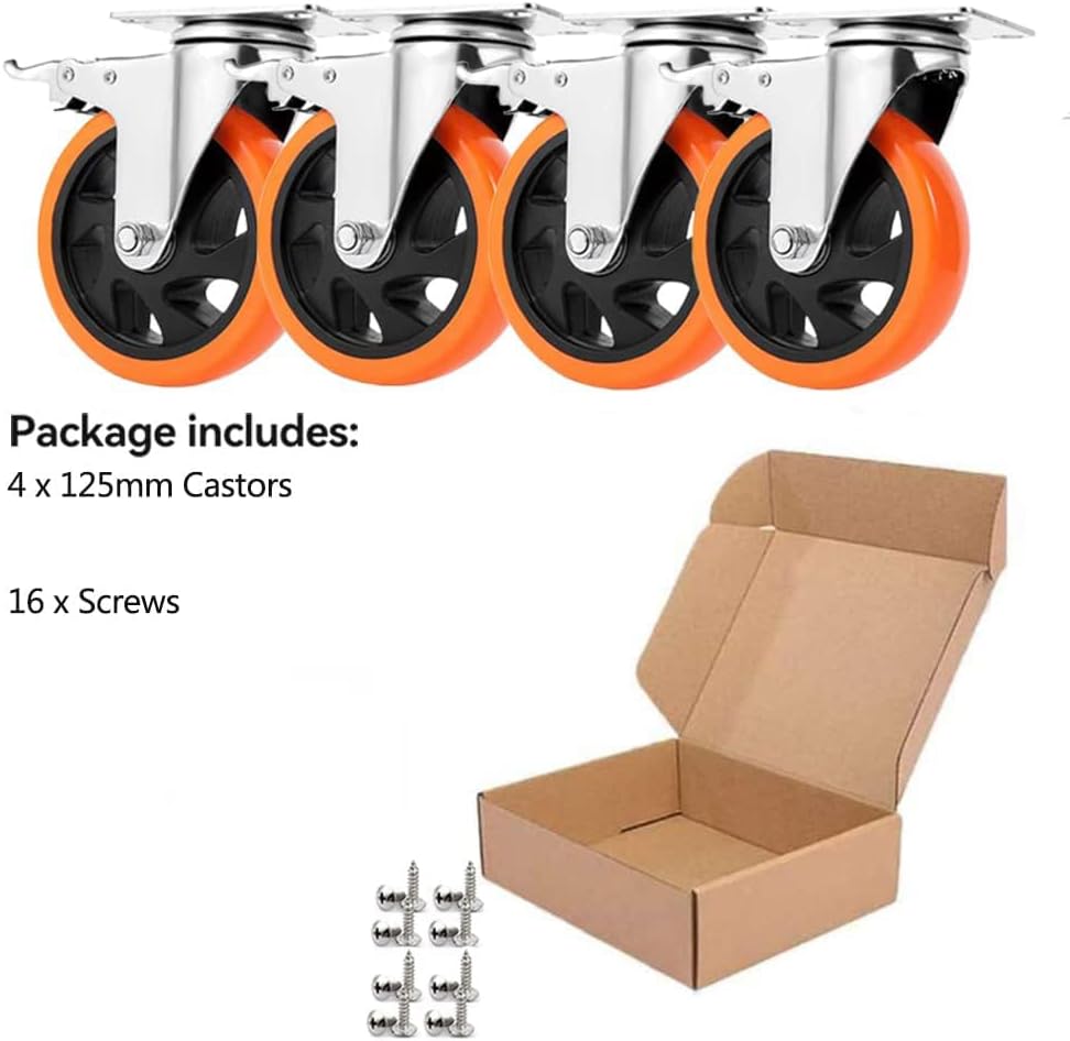 Heavy Duty Furniture Castor Wheels with Brakes - 125mm Swivel Caster Wheels Bearing 900KG - Quiet Rubber Trolley Wheels for Hardwood, Tile, Carpet, Laminate, and More