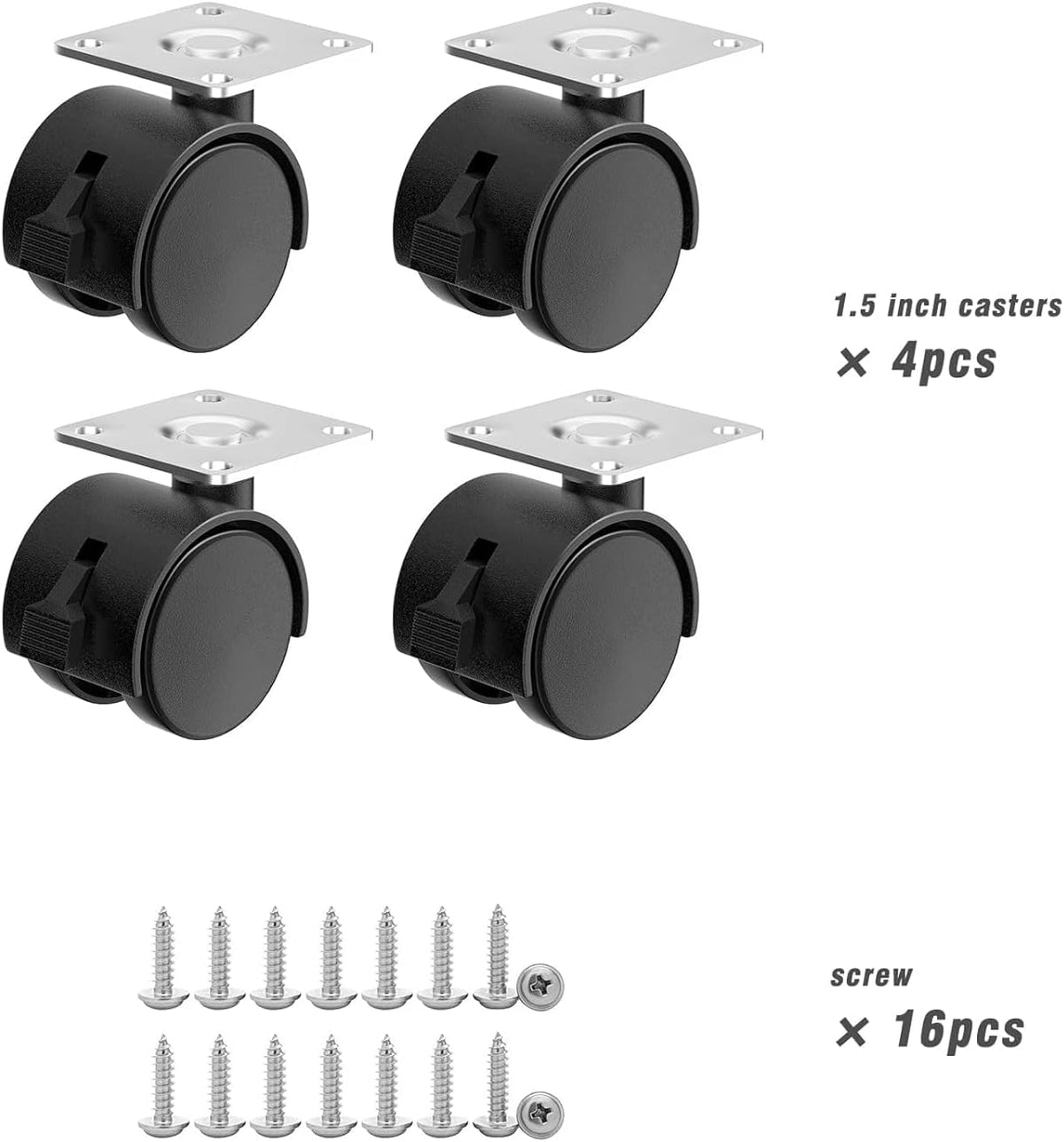 BIGTHREE 1.5-inch Furniture casters Set of 4, Plate Swivel Cart Casters, for Carts, Replacement cart Plastic casters, Furniture, Baby Bed, Kitchen, Cabinet, Table with Stainless Steel Screws, Black