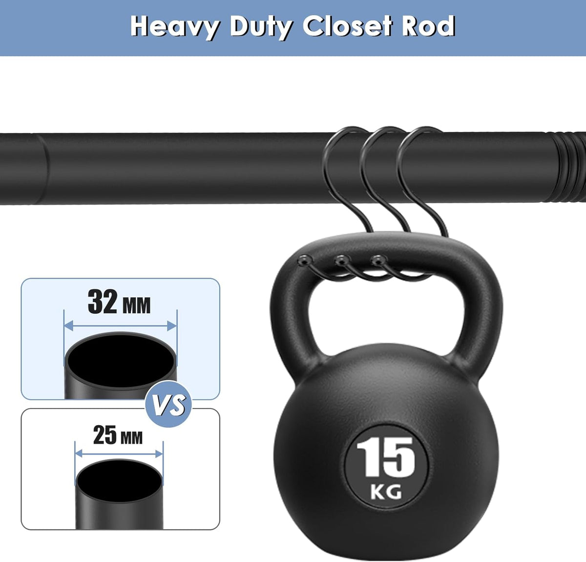 Black Wardrobe Pole, Extendable Heavy Duty Wardrobe rail 74-250cm, Round Clothes Hanging Pole with End Sockets & Screws for Wardrobe Cabinet Cupboard