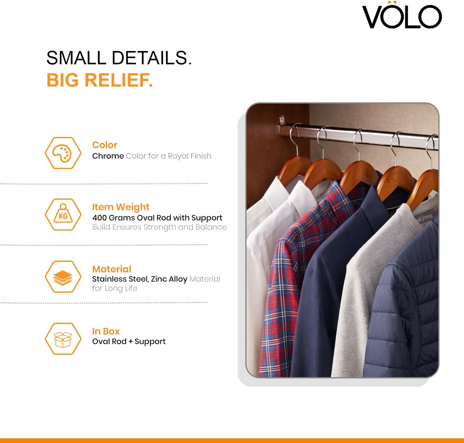 Volo Stainless Steel Oval Closet Rod with End Supports (Size : 4 ft.)