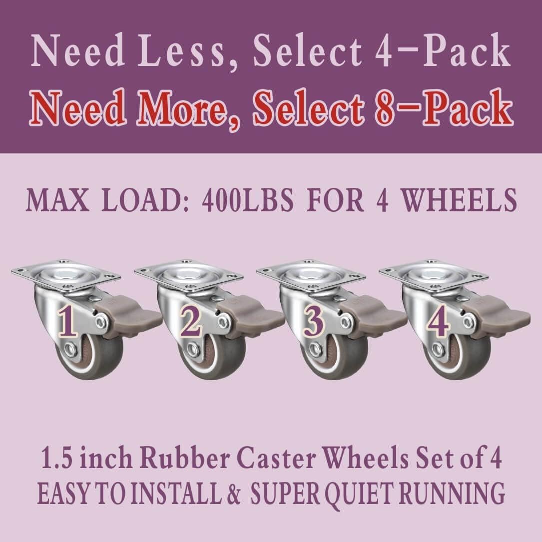 JGJC Caster Wheels for Furniture,1.5 Inch Swivel Plate Casters Set of 4,No Noise Soft Rubber Locking Castors Safe for Hardwood Floors and Carpet (with Brake,300 lbs for 4 Pack)