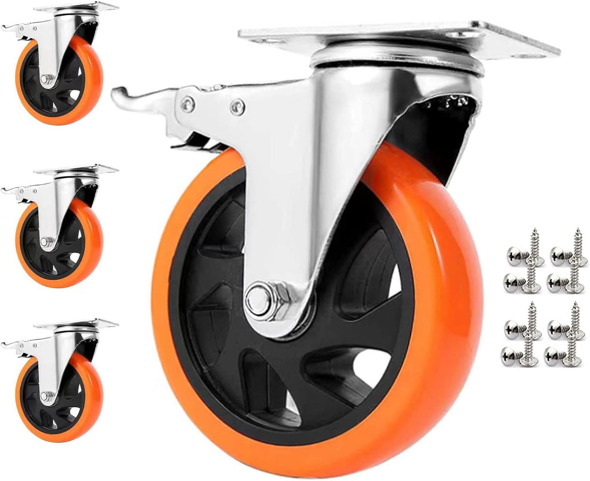 Heavy Duty Furniture Castor Wheels with Brakes - 125mm Swivel Caster Wheels Bearing 900KG - Quiet Rubber Trolley Wheels for Hardwood, Tile, Carpet, Laminate, and More