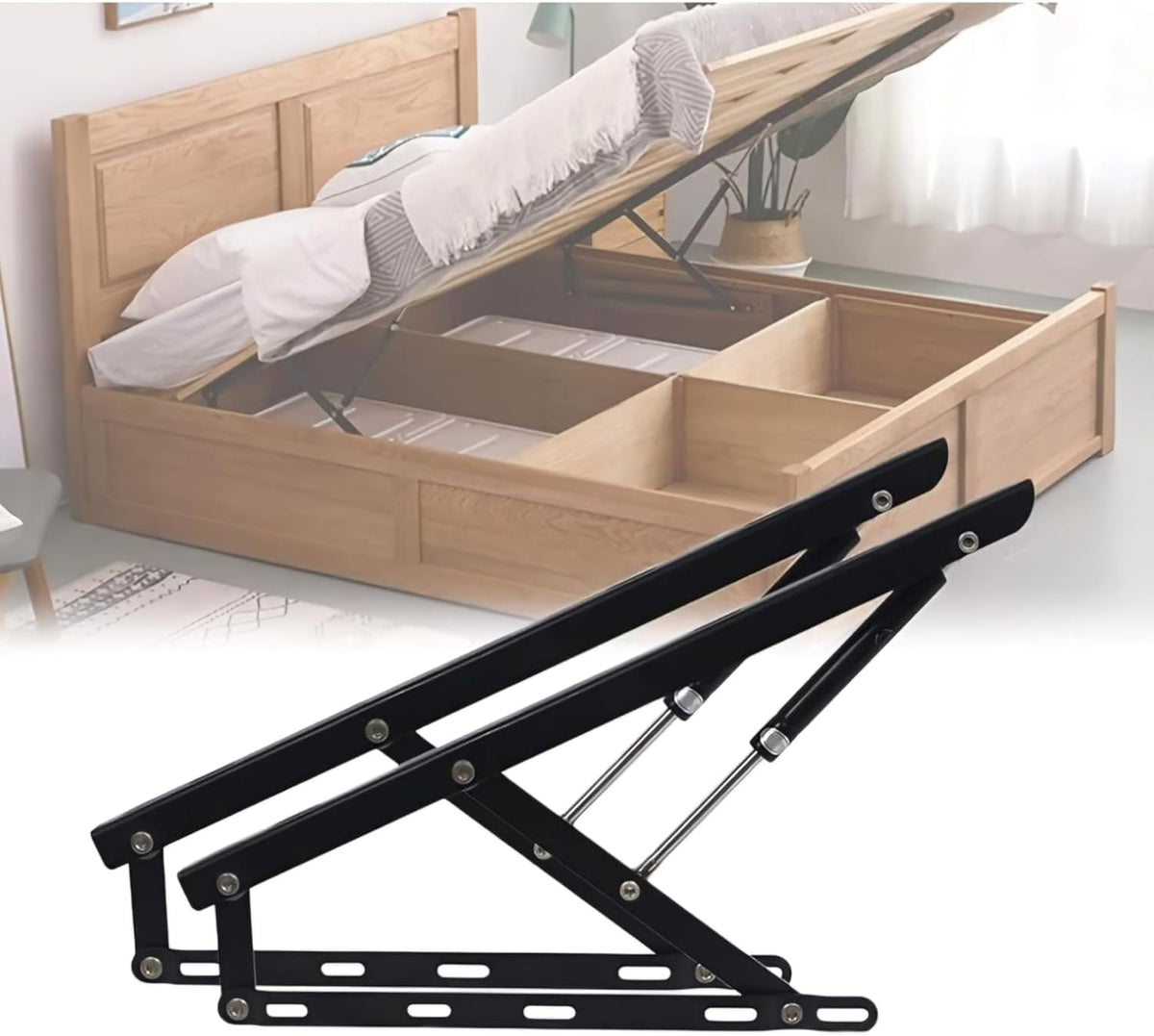 2 Pcs Hydraulic Bed Lifting Hinge,5Ft Lift Mechanism 120Kg/264.5Lbs Load Capacity Kit Pneumatic Gas Spring Heavy Duty Storage For Box Or Sofa