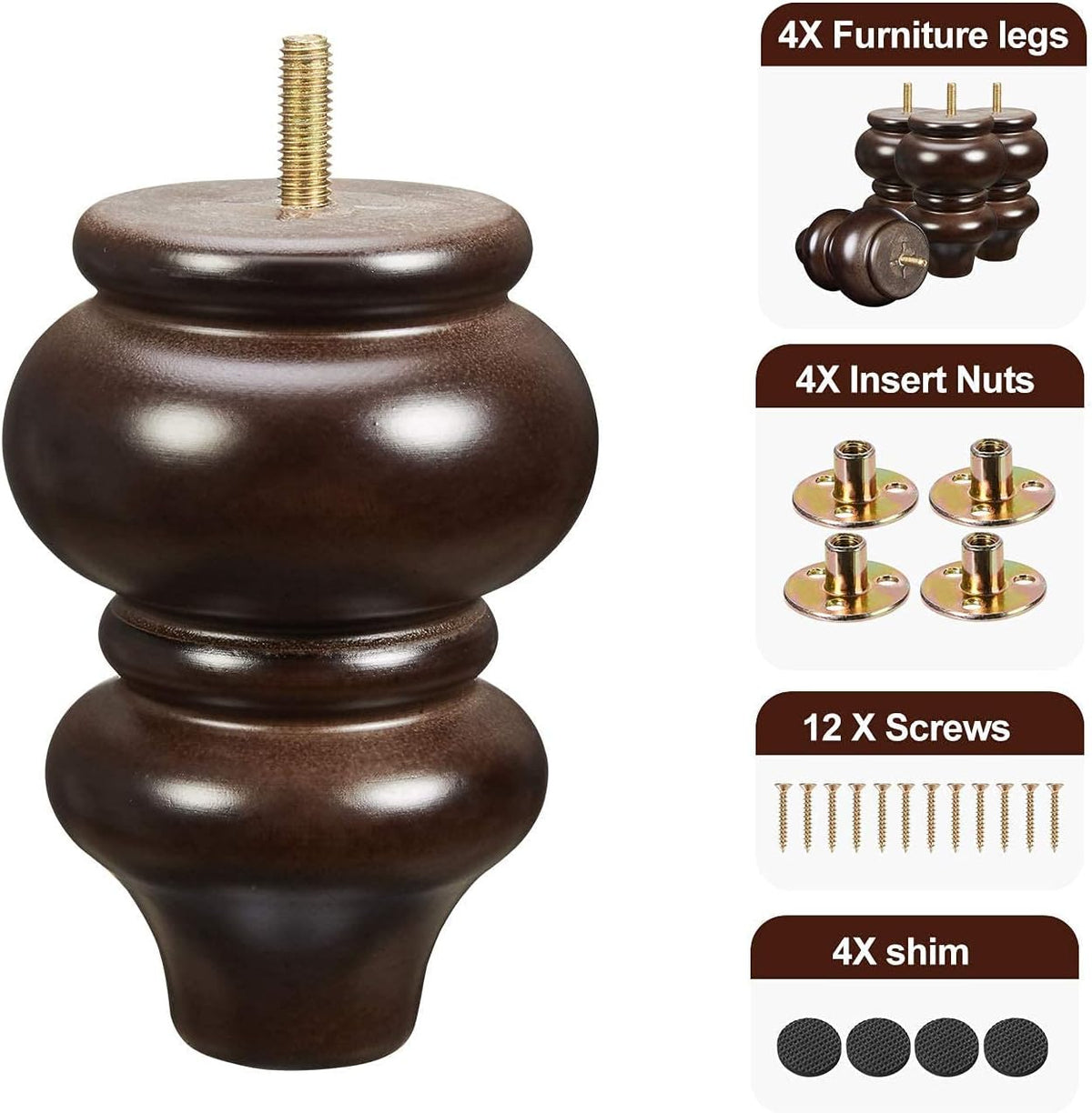 Wood Furniture Legs, 4 Pcs Replacement Sofa Legs for DIY Projects, Mid Century Legs with Pre-Drilled Bolt Holes, Ideal for Couches, Dressers, Sideboards, Coffee Tables (5 inch, Brown)