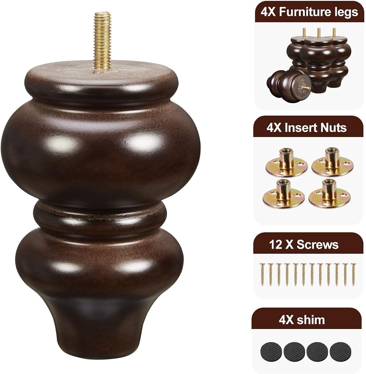Wood Furniture Legs, 4 Pcs Replacement Sofa Legs for DIY Projects, Mid Century Legs with Pre-Drilled Bolt Holes, Ideal for Couches, Dressers, Sideboards, Coffee Tables (5 inch, Brown)