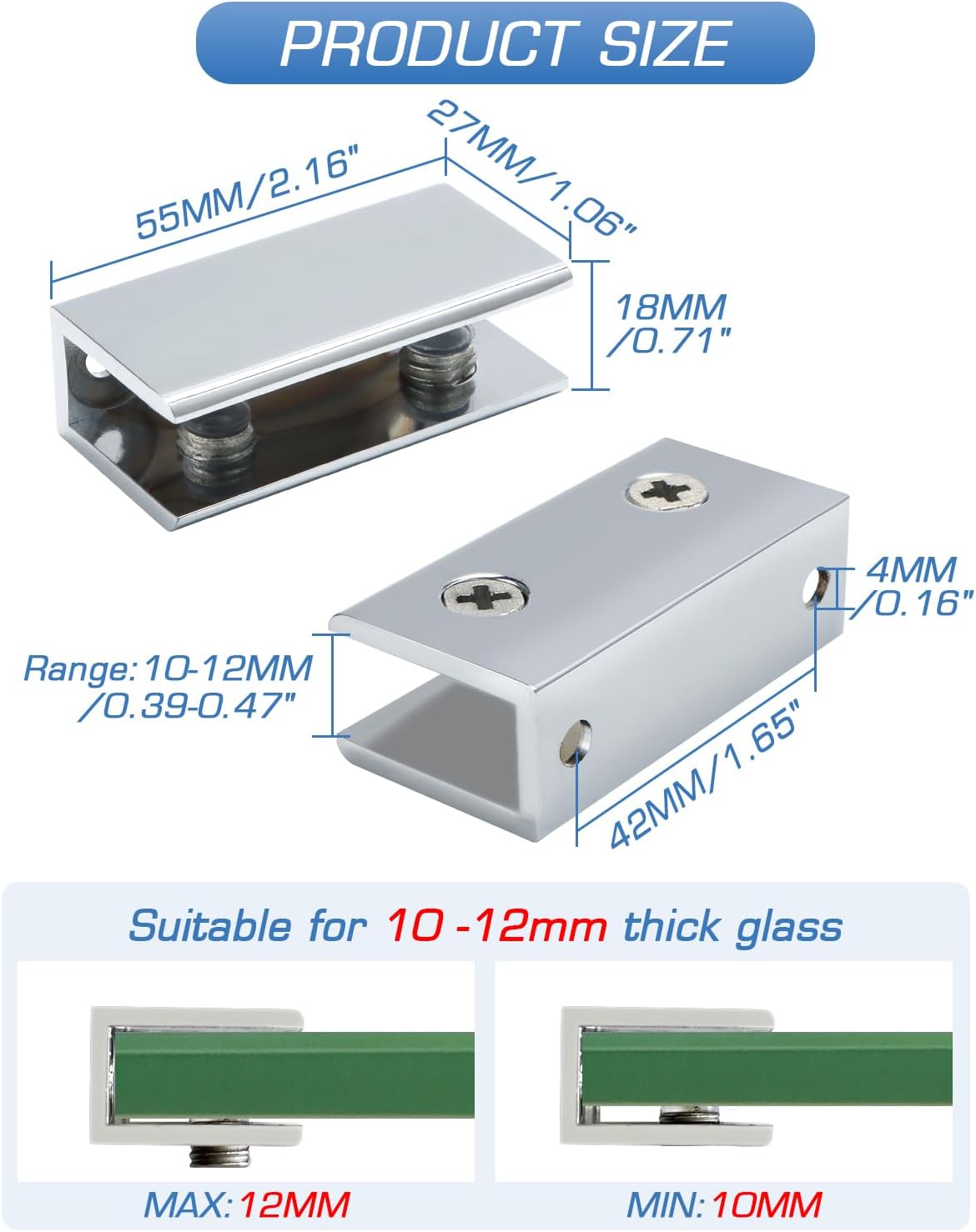 Alise Glass Shelf Bracket Adjustable Shower Brackets,Heavy Duty Rectangle Clamp Holder for 10-12mm Glass Shelves,Wall Mount Clamps Clip Support Hardware Replacement Parts,Polished Chrome 2 Pcs