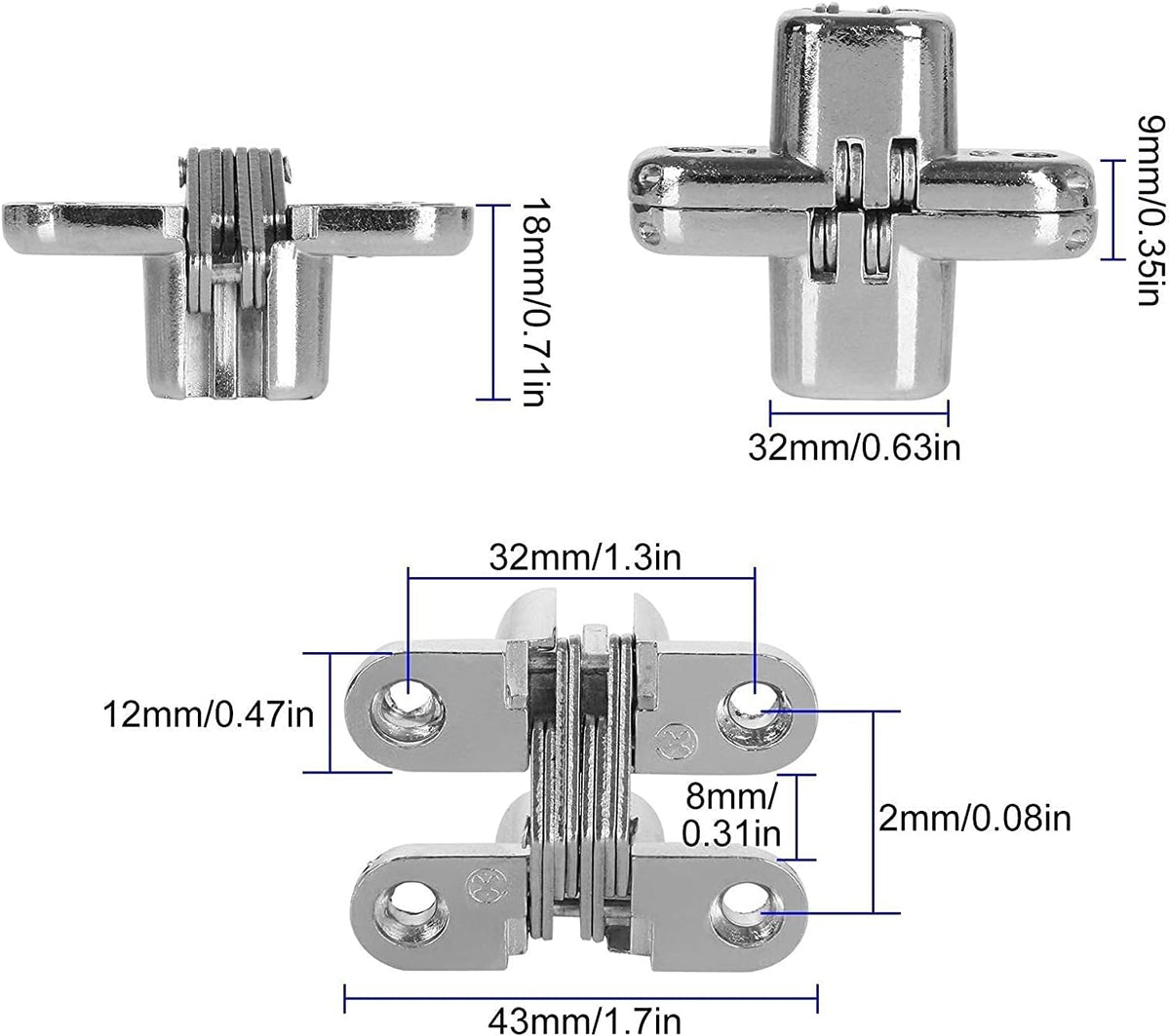 Hidden Door Hinges 10 Pack Concealed Cross Hinge Invisible 180 Degree Hinge Swing Coss Invisible Hinge for Cabinets, 0.47'' Leaf Width, 1.7" Leaf Hight