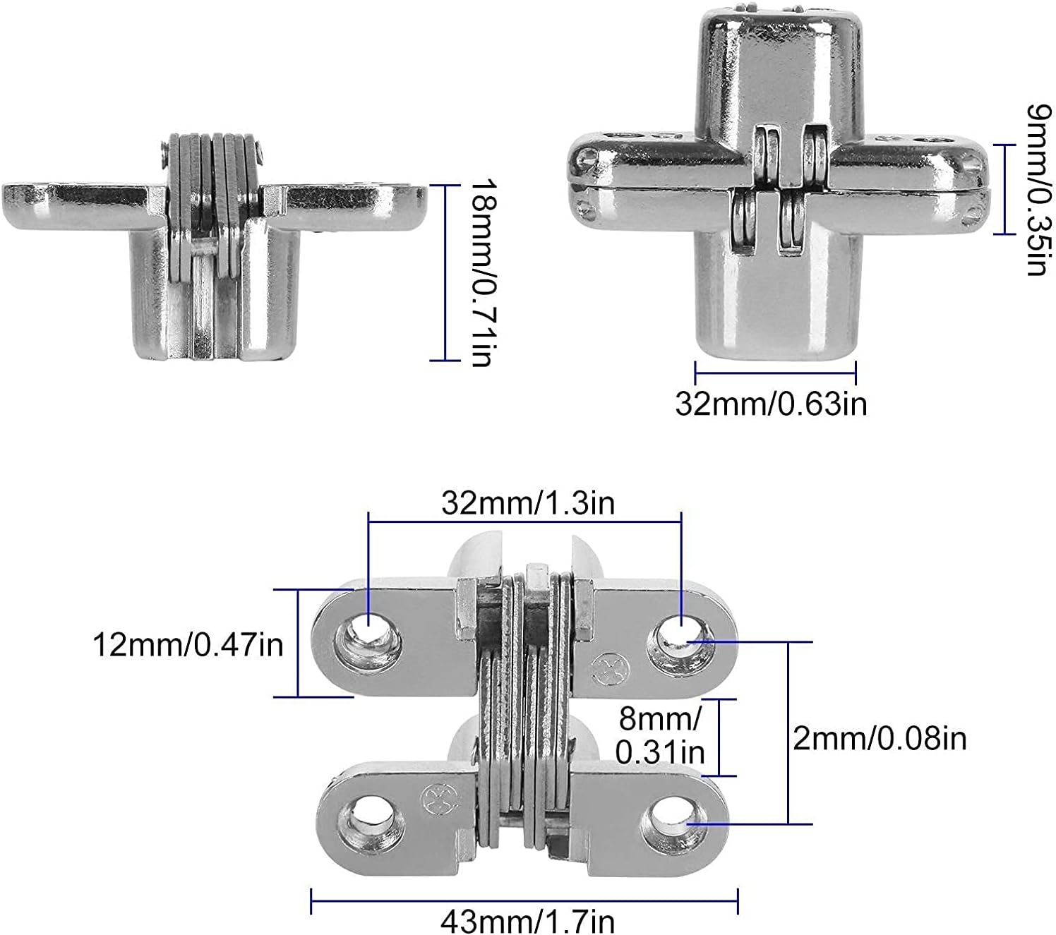 Hidden Door Hinges 10 Pack Concealed Cross Hinge Invisible 180 Degree Hinge Swing Coss Invisible Hinge for Cabinets, 0.47'' Leaf Width, 1.7" Leaf Hight