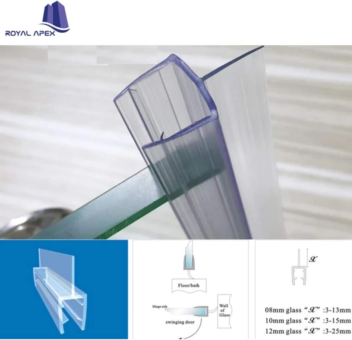 Royal Apex Translucent Weather Stripping Seal Sweep with Drip Rail, Shower Door PVC Silicone Lip Seal Strip for 8,10,12MM Frame-less Glass (1 Meter x 6Pcs) (12mm Glass, Џ Shape (Center Lip))