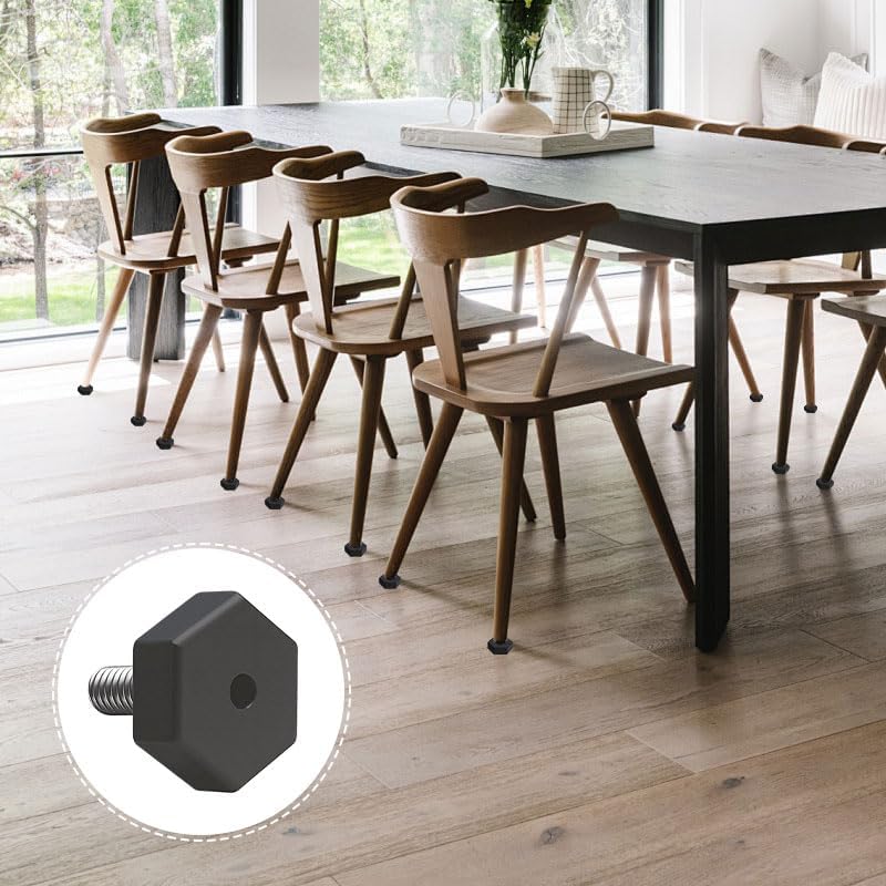 4Pcs Adjustable Furniture Feet, M8 x 25mm Threaded Hexagon Leveling Legs with Non-Slip Base, for Chair, Table, Sofa, Wardrobe, Washing Machine - Black