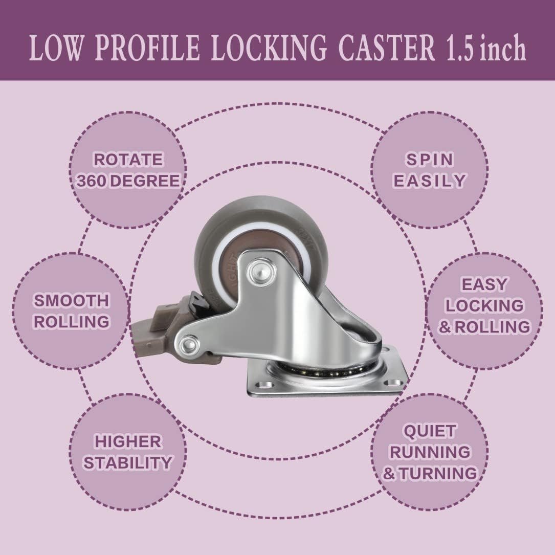 JGJC Caster Wheels for Furniture,1.5 Inch Swivel Plate Casters Set of 4,No Noise Soft Rubber Locking Castors Safe for Hardwood Floors and Carpet (with Brake,300 lbs for 4 Pack)