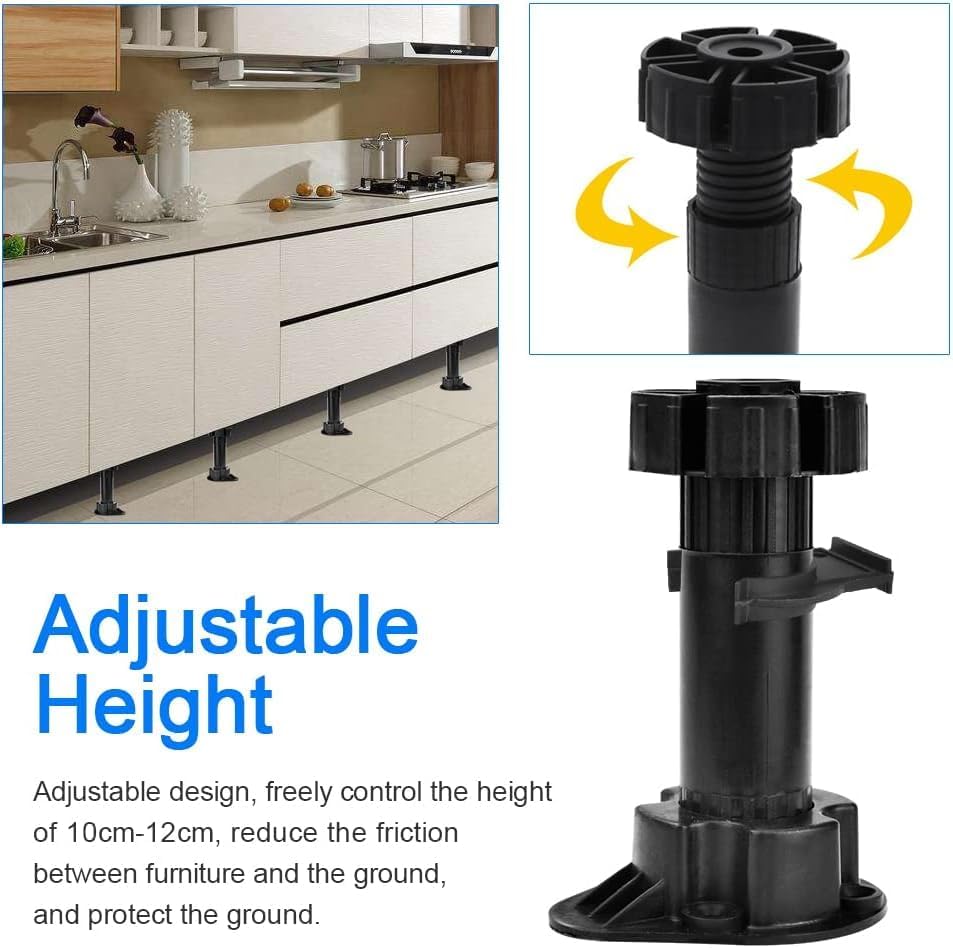 12 Pcs Plastic Cabinet Foot (100-120mm), Adjustable Feet for Cupboard, Plinth Foot Leg Set, Leveling Furniture Legs, Cabinet Leveler Replacement for Kitchen, Bathroom Cabinet
