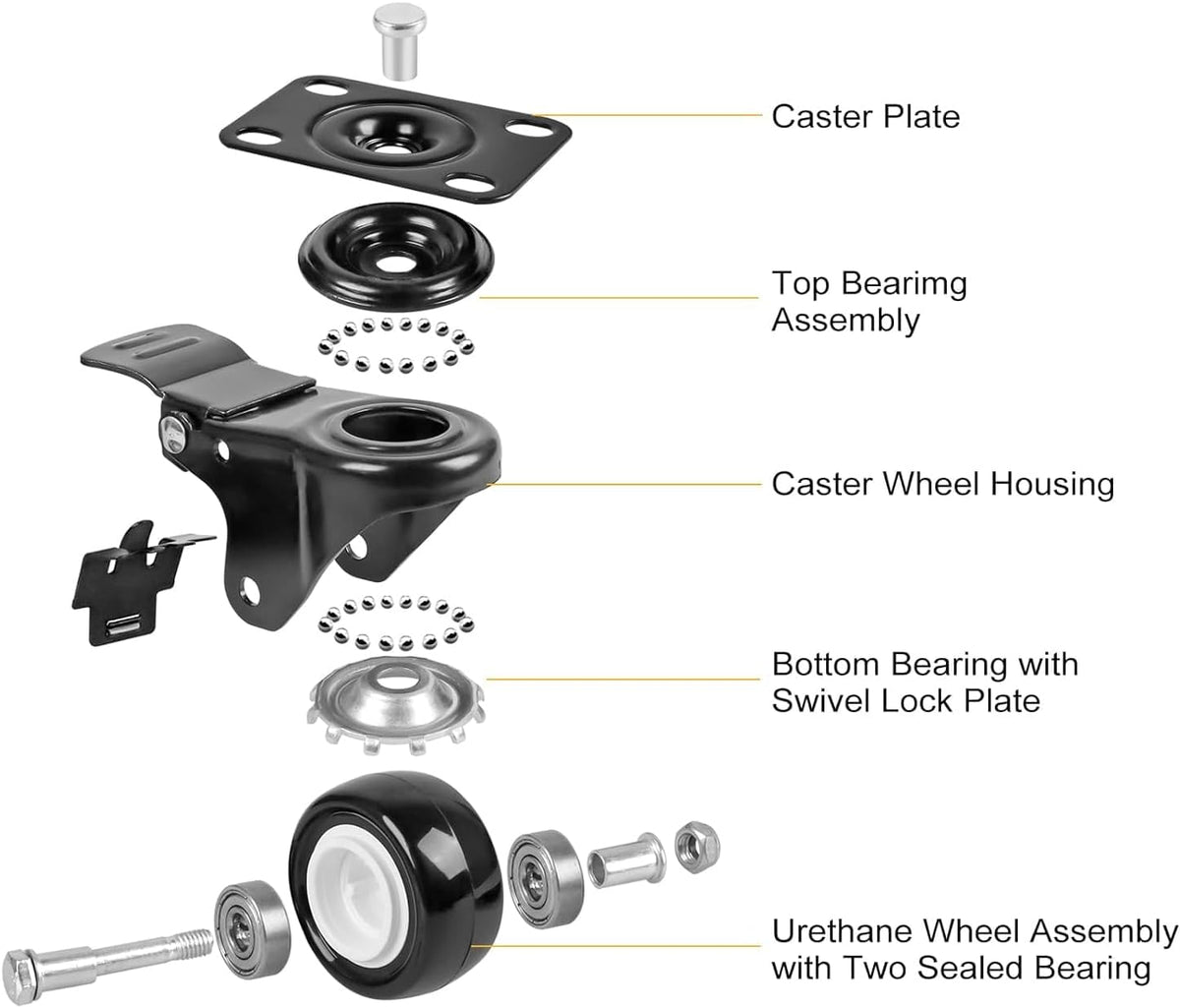 YelaJoy Caster Wheels,Casters Set of 4 Heavy Duty with Brake,Industrial Casters Black with Safety Dual Locking and No Noise Polyurethane (PU) Wheels… (1.5inch)