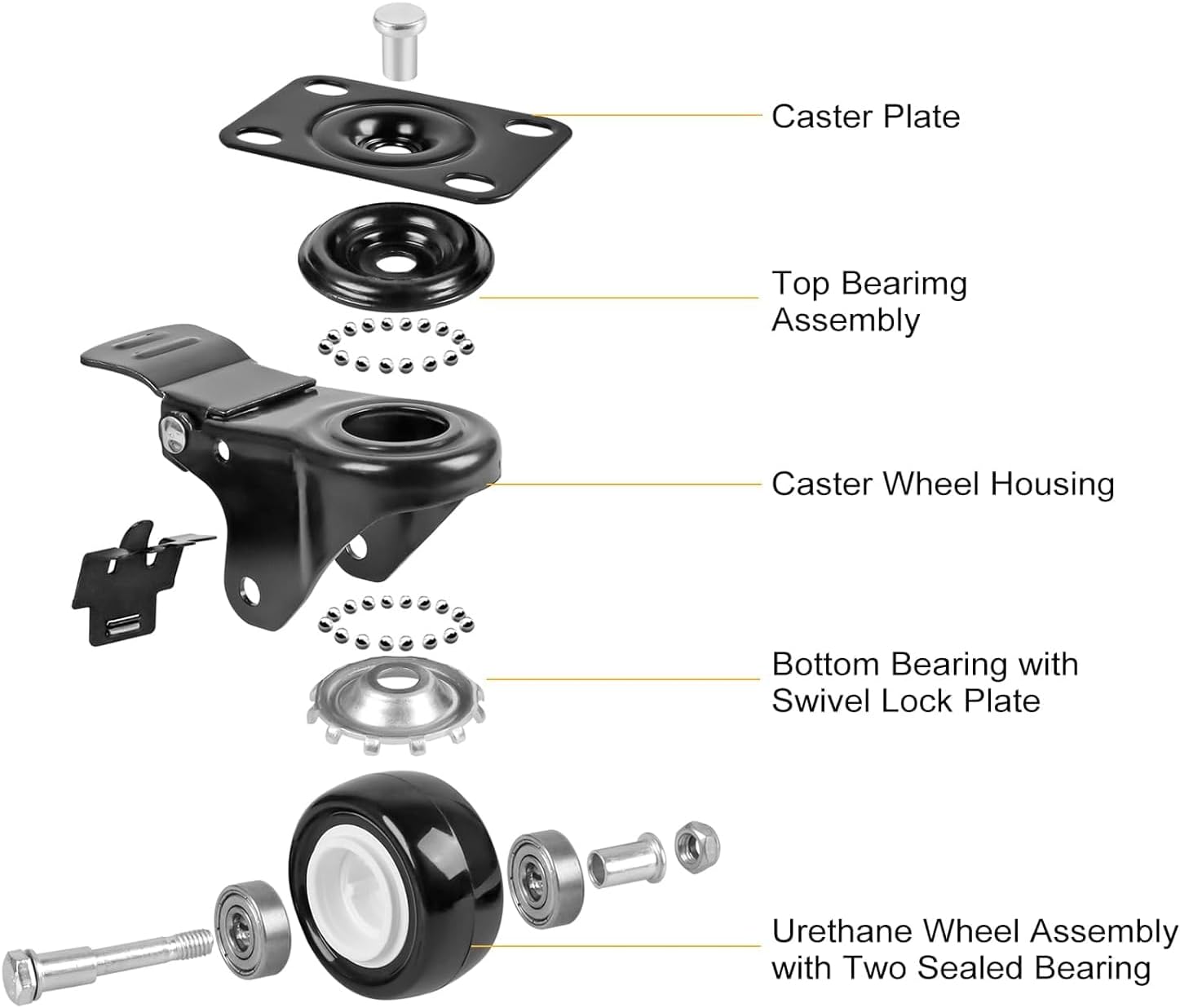 YelaJoy Caster Wheels,Casters Set of 4 Heavy Duty with Brake,Industrial Casters Black with Safety Dual Locking and No Noise Polyurethane (PU) Wheels… (1.5inch)
