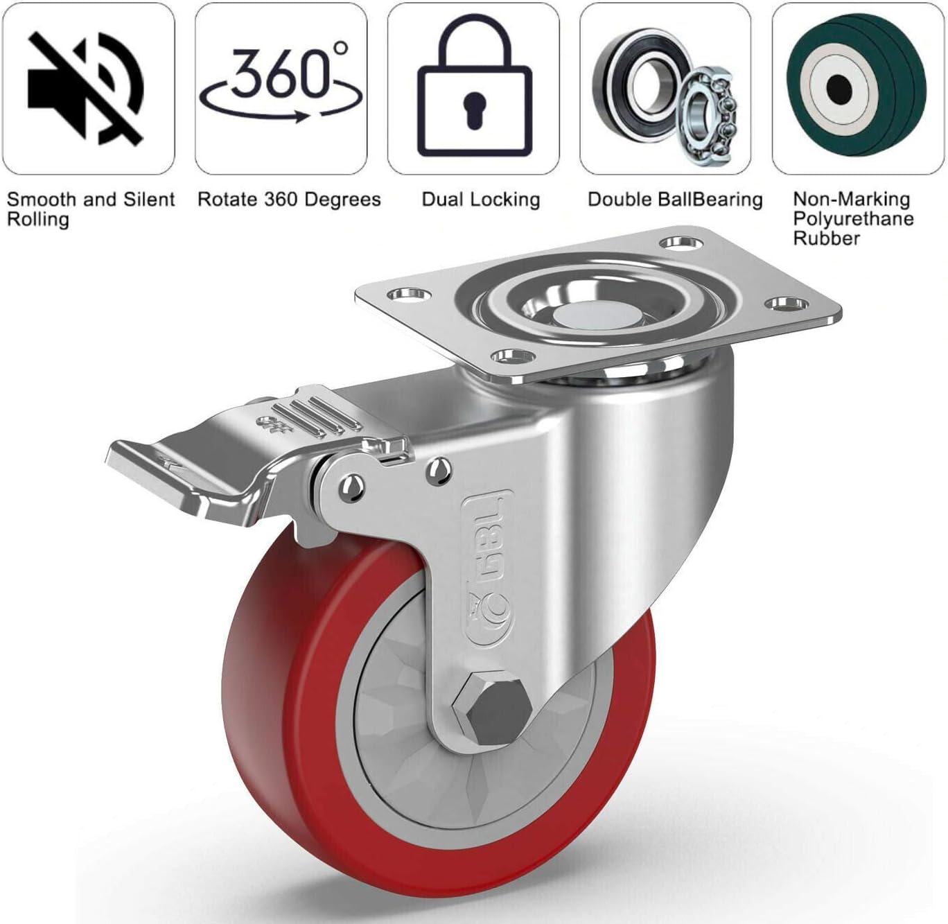 GBL - 4'' Heavy Duty Caster Wheels With Brakes 1320Lbs | 4 x Castor for Moving Furniture, Table, Trolley, Workbench, Garage (2 With & 2 Without Brakes) + Screws