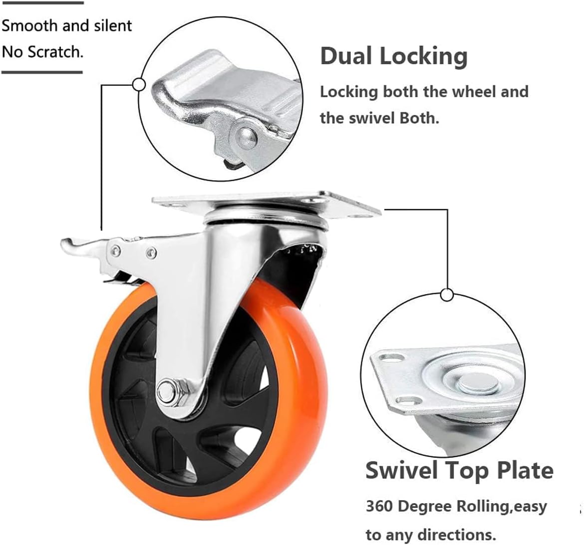 Heavy Duty Furniture Castor Wheels with Brakes - 125mm Swivel Caster Wheels Bearing 900KG - Quiet Rubber Trolley Wheels for Hardwood, Tile, Carpet, Laminate, and More