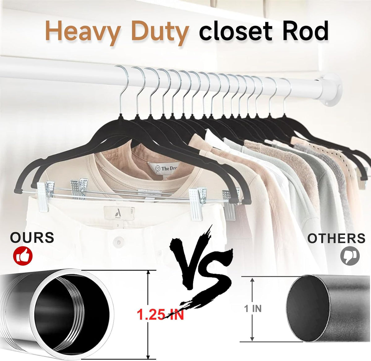 Black Wardrobe Pole, Extendable Heavy Duty Wardrobe rail 74-250cm, Round Clothes Hanging Pole with End Sockets & Screws for Wardrobe Cabinet Cupboard
