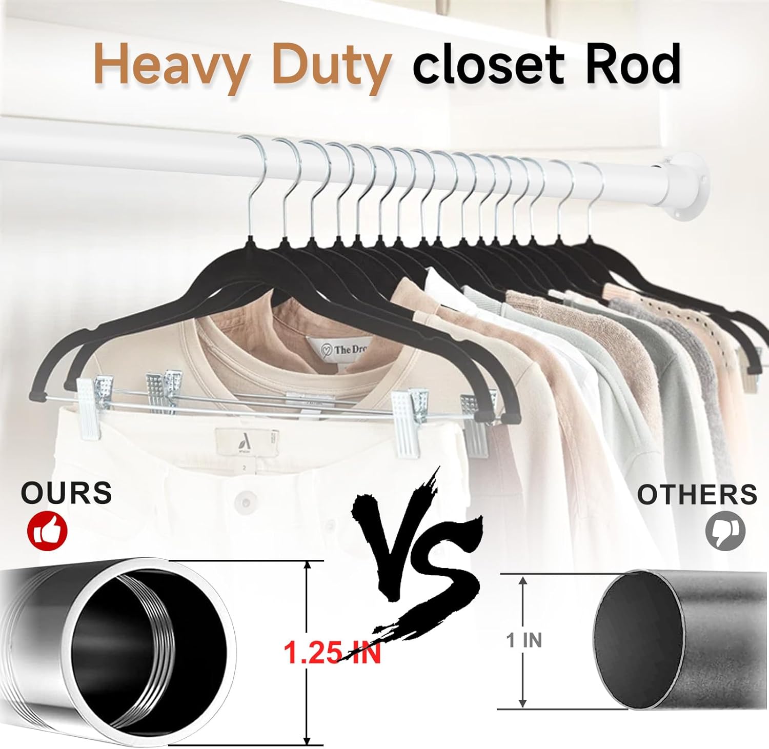Black Wardrobe Pole, Extendable Heavy Duty Wardrobe rail 74-250cm, Round Clothes Hanging Pole with End Sockets & Screws for Wardrobe Cabinet Cupboard