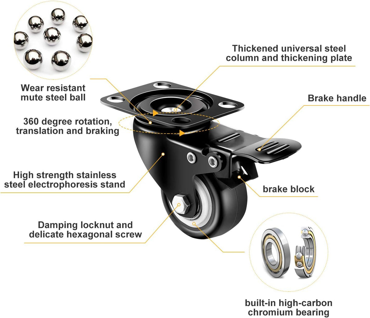 4 inch Heavy Duty Casters Load 2400lbs, Lockable Bearing Plate Caster Wheels with Brakes, 360-degree Swivel Casters for Furniture and Workbench Cart, Set of 4 (Free Screws and a Spanner)