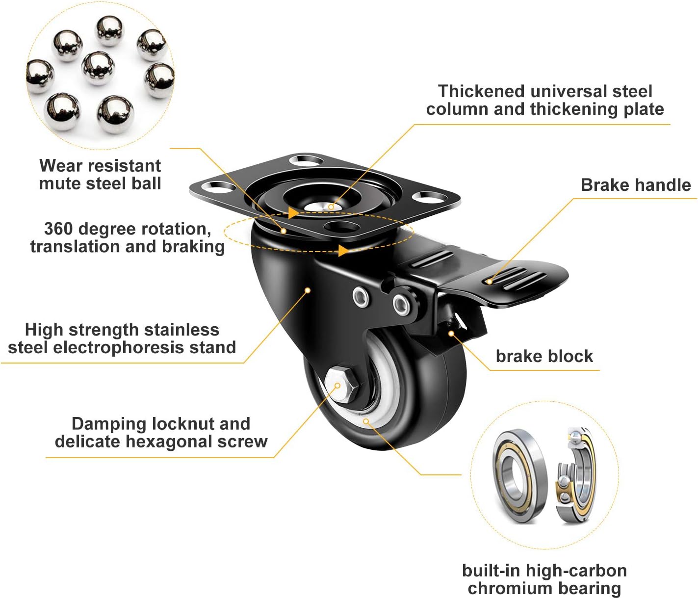 4 inch Heavy Duty Casters Load 2400lbs, Lockable Bearing Plate Caster Wheels with Brakes, 360-degree Swivel Casters for Furniture and Workbench Cart, Set of 4 (Free Screws and a Spanner)