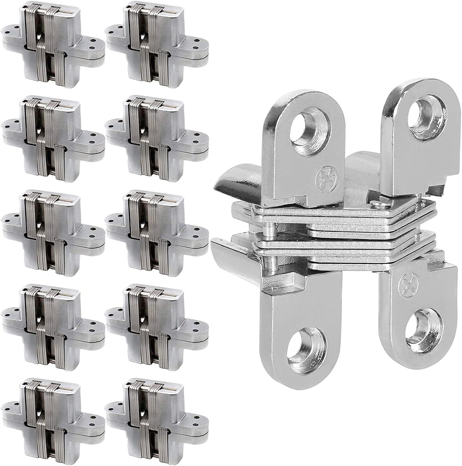 Hidden Door Hinges 10 Pack Concealed Cross Hinge Invisible 180 Degree Hinge Swing Coss Invisible Hinge for Cabinets, 0.47'' Leaf Width, 1.7" Leaf Hight
