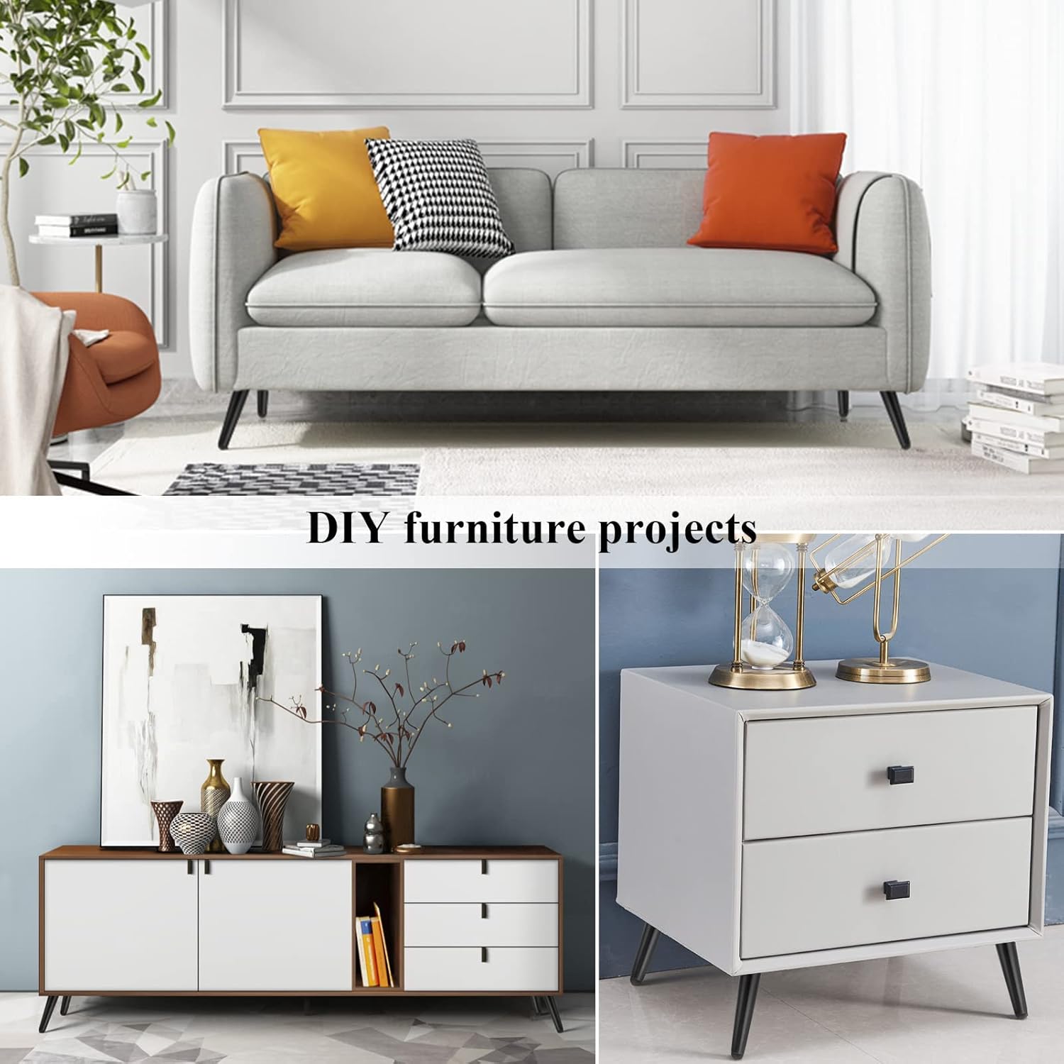 Furniture Legs 8 Inch Black Metal Sofa Cough Legs Mid Century Modern Heavy Duty Slanted Tapered Coffee Table Feet Replacement Legs for Furniture Set of 4 for Dresser Cabinet Ottoman Cupboard