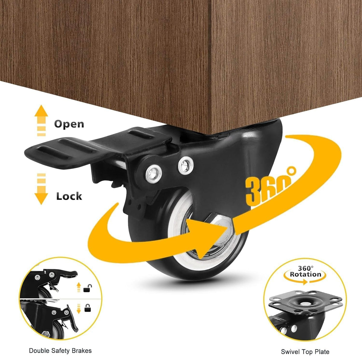 YelaJoy Caster Wheels,Casters Set of 4 Heavy Duty with Brake,Industrial Casters Black with Safety Dual Locking and No Noise Polyurethane (PU) Wheels… (1.5inch)