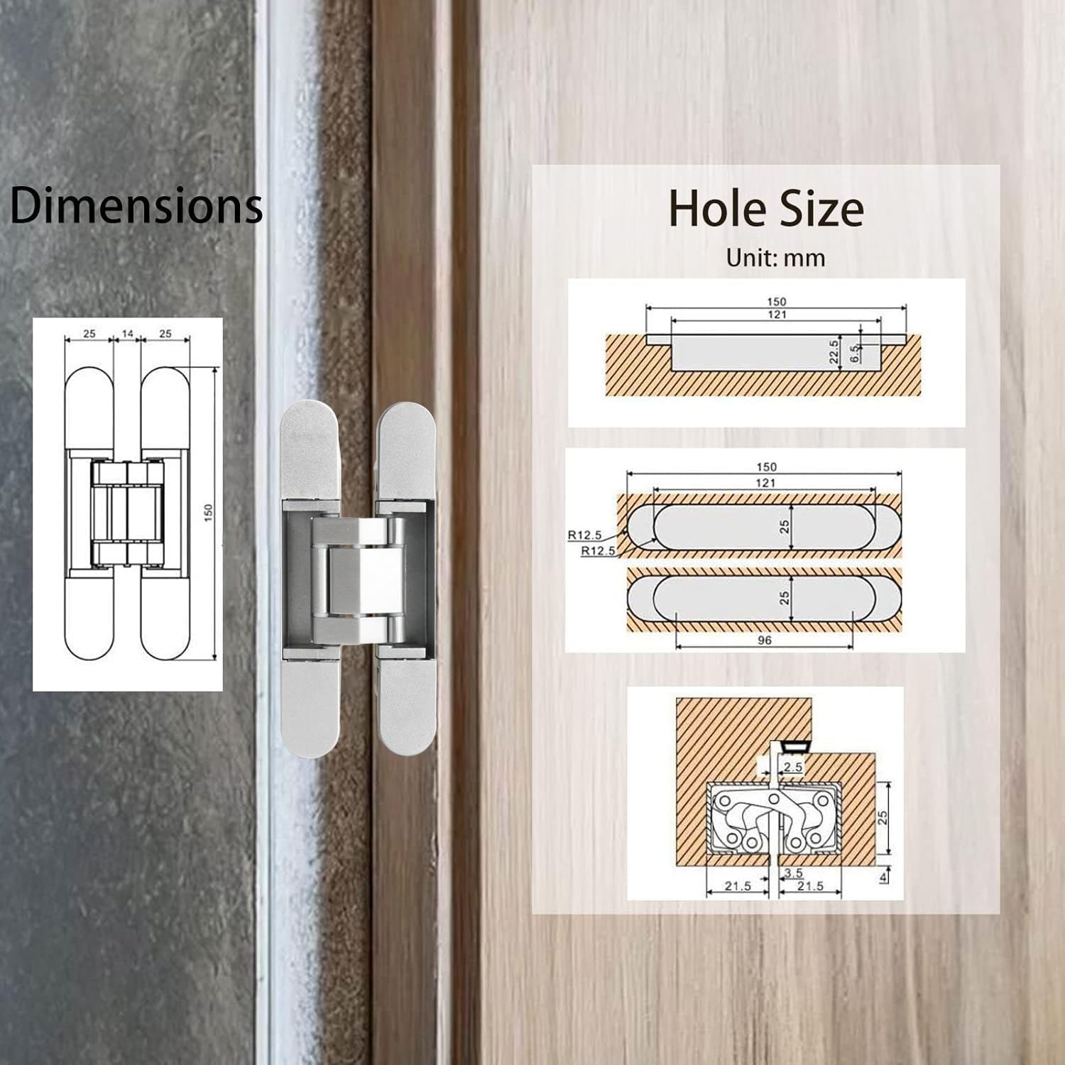 8-Pack 6 inch Hidden Door Hinges Heavy Duty Black, Invisible Concealed Hinges Zinc Alloy 6''x 2.5''x1Inch,180 Degree Swing Hinge, 3 Way Adjustable Hinge with Pins and Screws