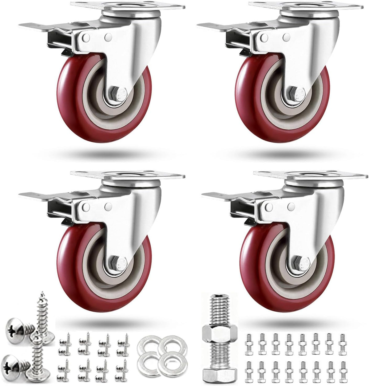 4 inch Heavy Duty Casters Load 2400lbs, Lockable Bearing Plate Caster Wheels with Brakes, 360-degree Swivel Casters for Furniture and Workbench Cart, Set of 4 (Free Screws and a Spanner)