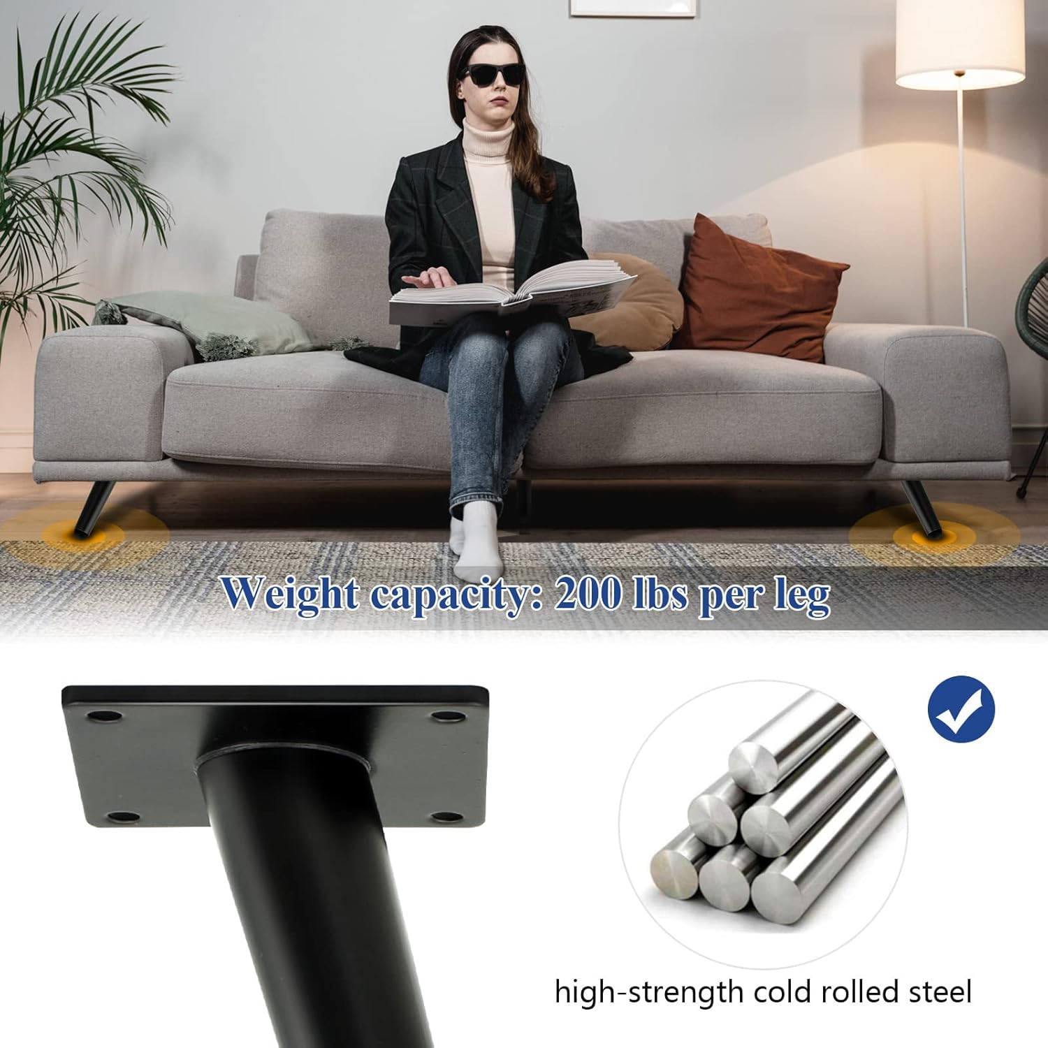 Furniture Legs 8 Inch Black Metal Sofa Cough Legs Mid Century Modern Heavy Duty Slanted Tapered Coffee Table Feet Replacement Legs for Furniture Set of 4 for Dresser Cabinet Ottoman Cupboard