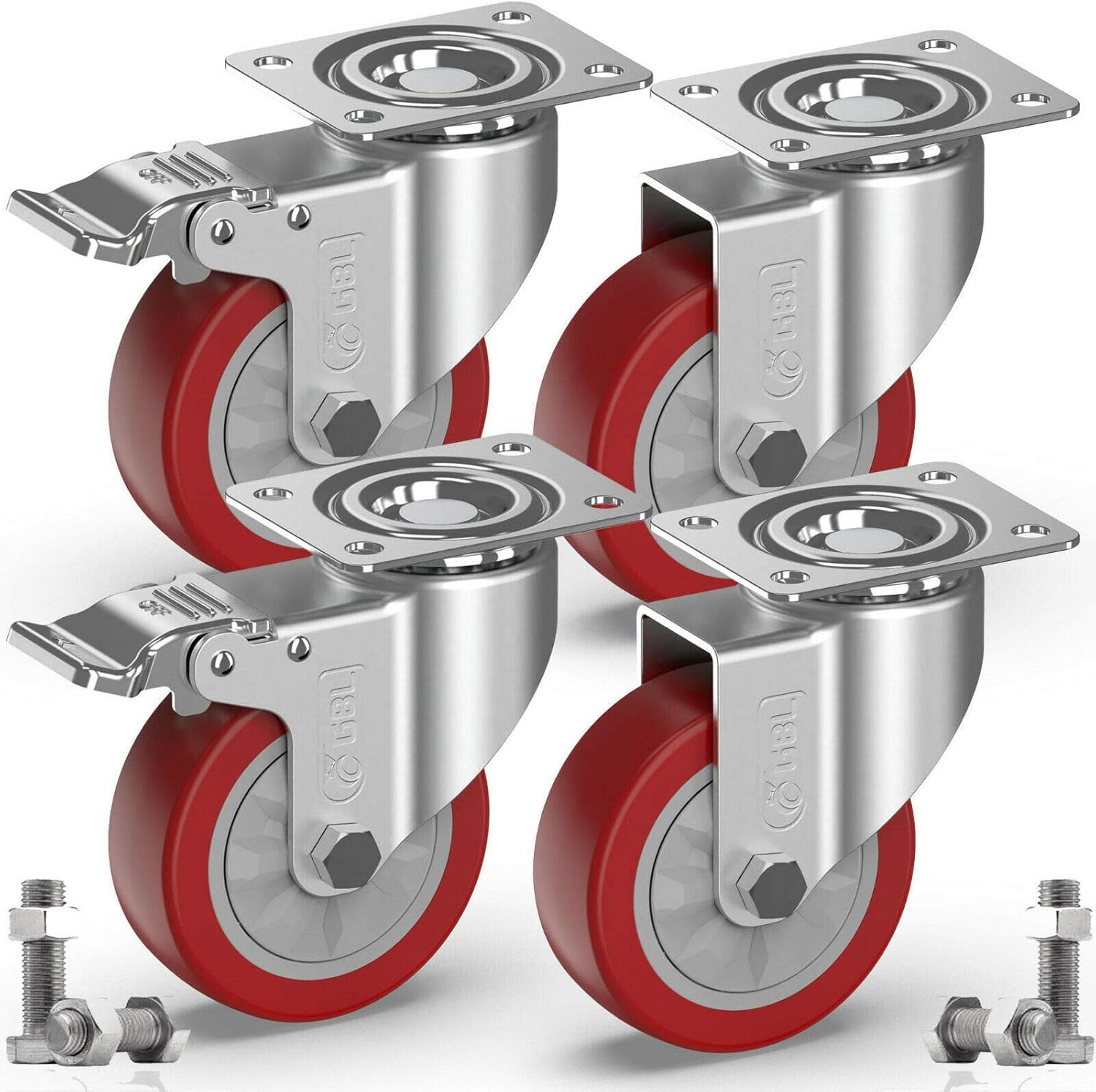 GBL - 4'' Heavy Duty Caster Wheels With Brakes 1320Lbs | 4 x Castor for Moving Furniture, Table, Trolley, Workbench, Garage (2 With & 2 Without Brakes) + Screws