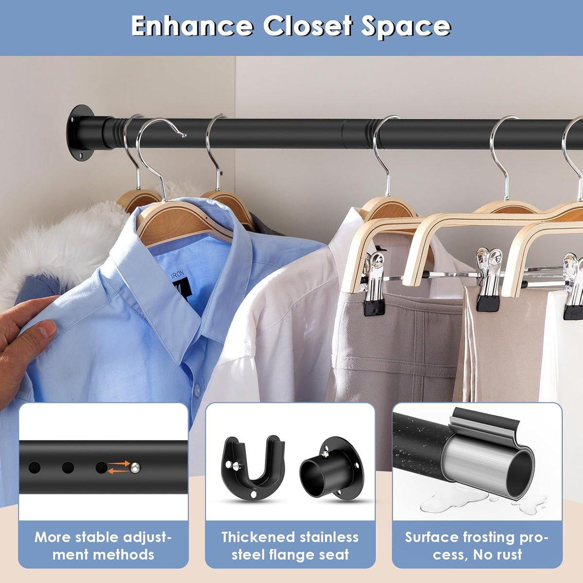 Black Wardrobe Pole, Extendable Heavy Duty Wardrobe rail 74-250cm, Round Clothes Hanging Pole with End Sockets & Screws for Wardrobe Cabinet Cupboard