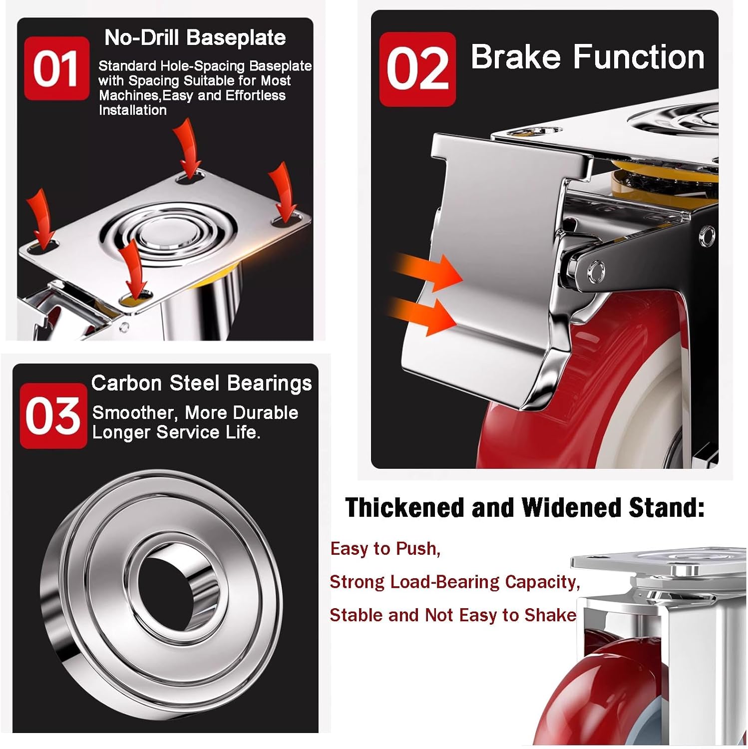 4 inch Heavy Duty Casters Load 2400lbs, Lockable Bearing Plate Caster Wheels with Brakes, 360-degree Swivel Casters for Furniture and Workbench Cart, Set of 4 (Free Screws and a Spanner)