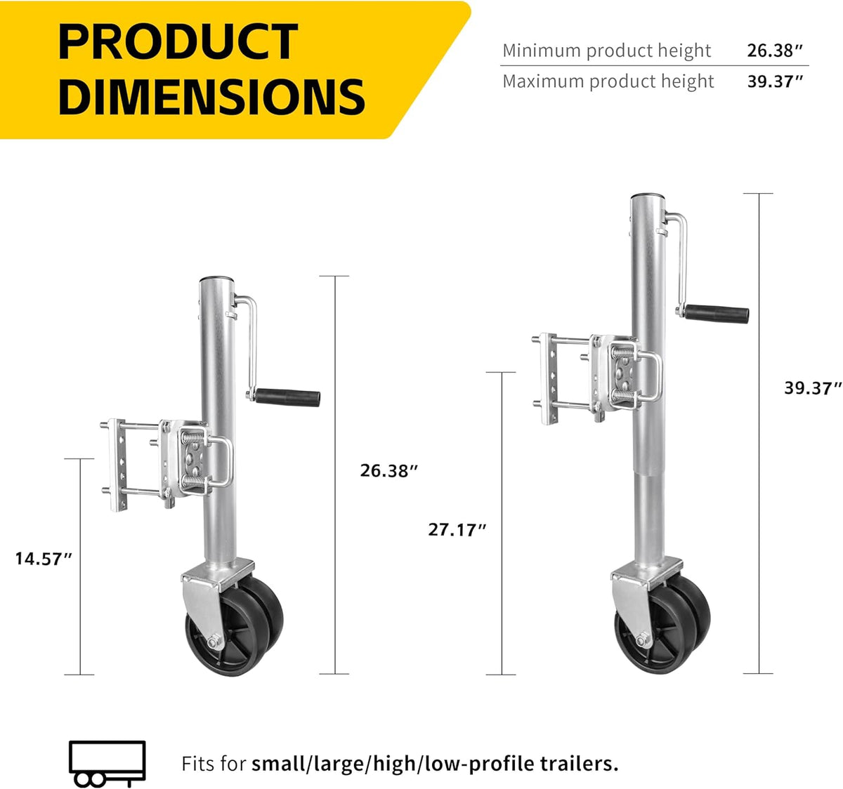 MaxxHaul 70149 Trailer Jack with Dual Wheels - 26-1/2" to 38" Lift Swing Back - 1500 lbs. Capacity,Zinc, Grey