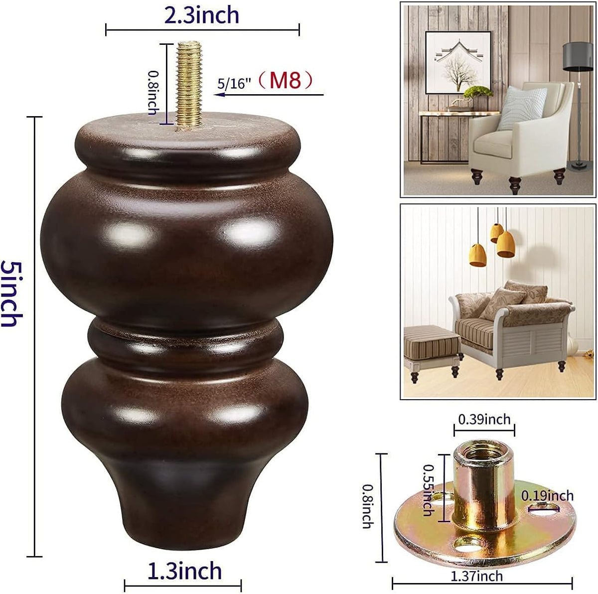 Wood Furniture Legs, 4 Pcs Replacement Sofa Legs for DIY Projects, Mid Century Legs with Pre-Drilled Bolt Holes, Ideal for Couches, Dressers, Sideboards, Coffee Tables (5 inch, Brown)